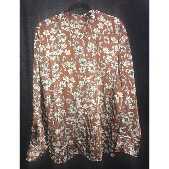 La Ligne Target Pajama Satin Top 2x Brown White Floral Long Sleeve Shirt Button - Picture 6 of 9